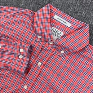 LL Bean Slightly Fitted Button Down Nylon Shirt Men's M Red Blue Check‎ Plaid